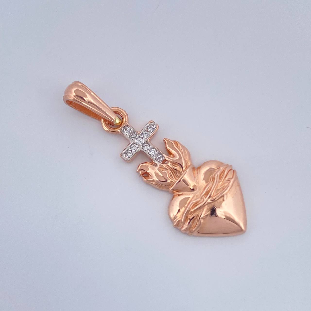 Dije Cruz Sagrado Corazon 2.1gr / 3.2cm / Dos Oros Blanco Rosa 18K &