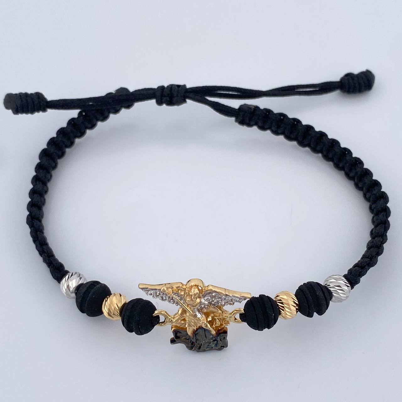 Pulsera Tejida Negra San Miguel Arcángel 3.5gr / 4mm Tres Oros 18K %