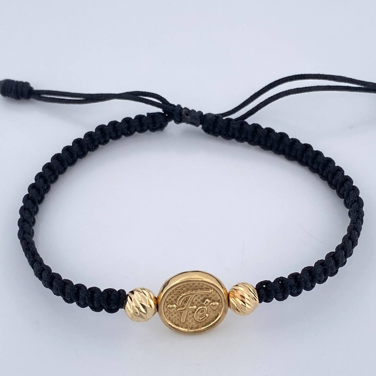 Pulsera Tejida Negra Fe 1.4gr / 6mm Oro Amarillo 18K %