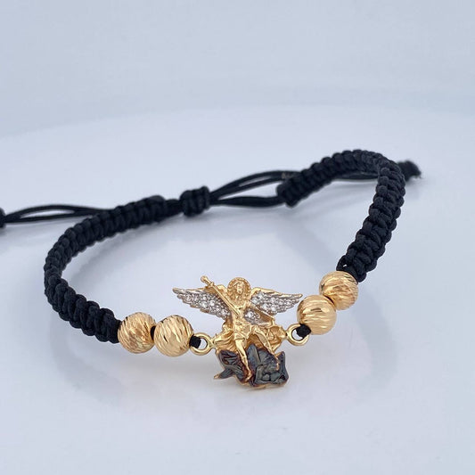 Pulsera Tejida Negra San Miguel Arcángel 3.55gr / 6mm Tres Oros 18K %
