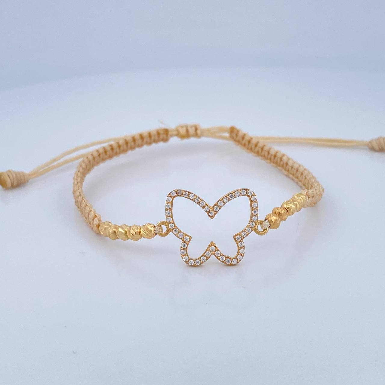Pulsera Tejida Beige Silueta Mariposa 1.45gr / 3mm Oro Amarillo 18K %