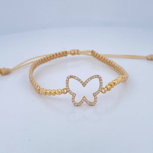 Pulsera Tejida Beige Silueta Mariposa 1.45gr / 3mm Oro Amarillo 18K %