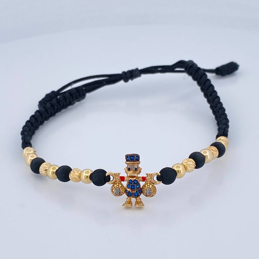 Pulsera Tejida Negra Pato Bolsas De Dinero 2.75gr / 4mm Dos Oros Amarillo Blanco 18K %