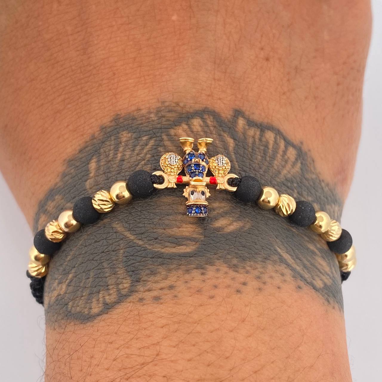 Pulsera Tejida Negra Pato Bolsas De Dinero 2.75gr / 4mm Dos Oros Amarillo Blanco 18K %