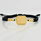Pulsera Tejida Negra Placa Cuadrada Punteada Oro Amarillo 18K
