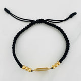 Pulsera Tejida Negra Placa Cuadrada Punteada Oro Amarillo 18K