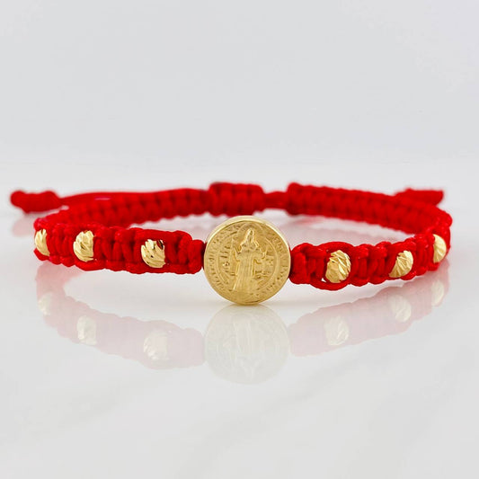 Pulsera Tejida Roja San Benito Oro Amarillo 18K
