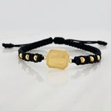 Pulsera Tejida Negra Placa Cuadrada Punteada Oro Amarillo 18K