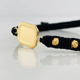 Pulsera Tejida Negra Placa Cuadrada Punteada Oro Amarillo 18K