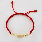 Pulsera Tejida Roja Placa Cuadrada Punteada Oro Amarillo 18K