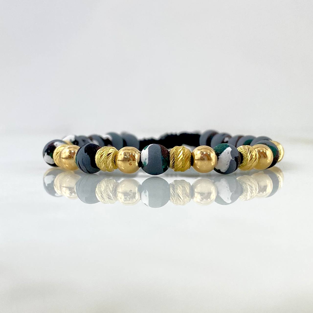 Pulsera Negra Camuflado Grisaseo 2.35gr / 5mm Bolas Lisas Satinadas 12 und Oro Amarillo ©