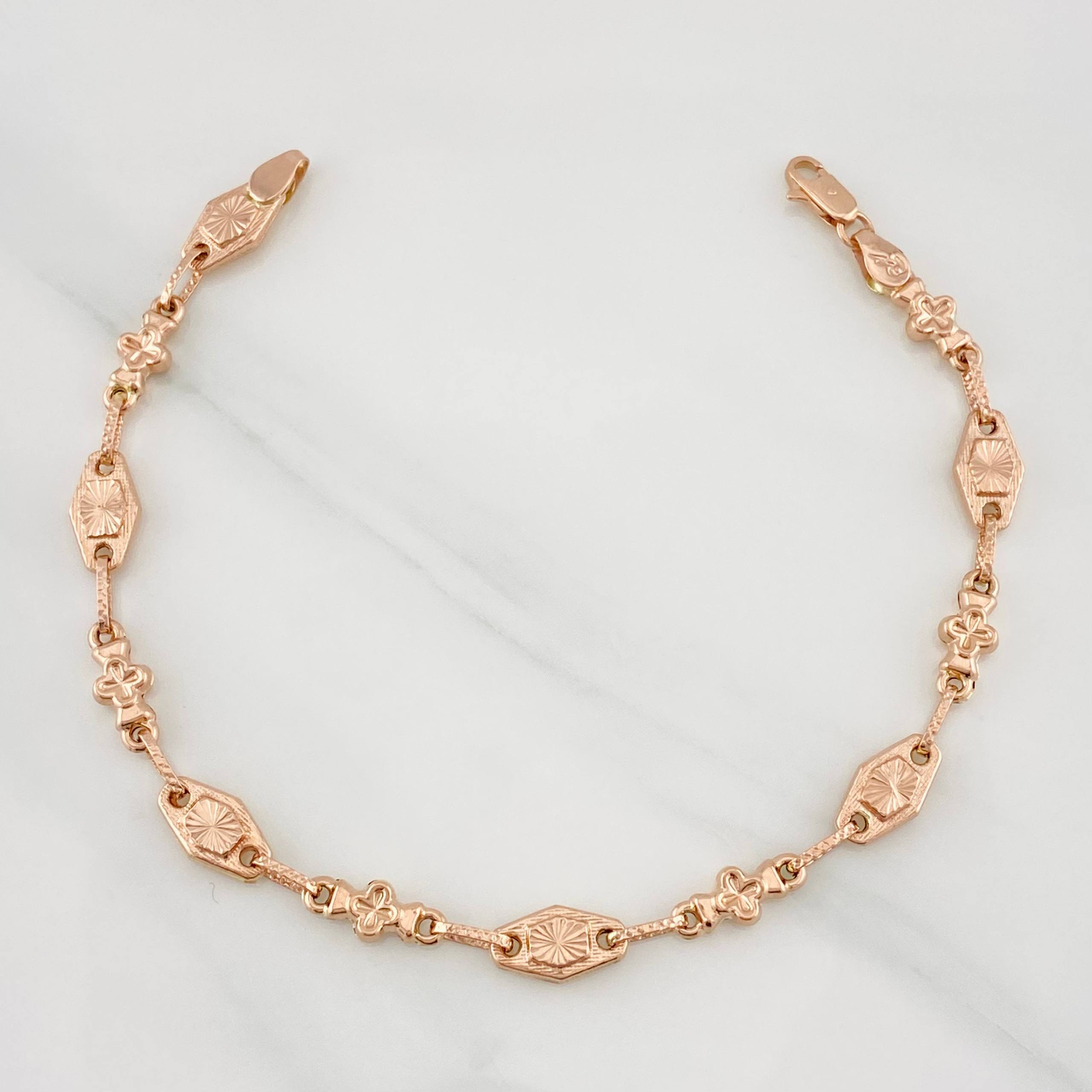 Pulso Rustico Eslabón Flor 4.5g / 19.6cm / 6.1mm Oro Rosa 18K