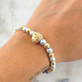 Pulsera Gris Herraje León Grueso 4.6gr / 6mm Bolas Diamantadas 8und Oro Amarillo 18K ©