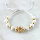 Pulsera Blanca Herraje Corona Punteada 3.2gr / 6mm Bolas Diamantadas 8und Oro Amarillo 18K ©