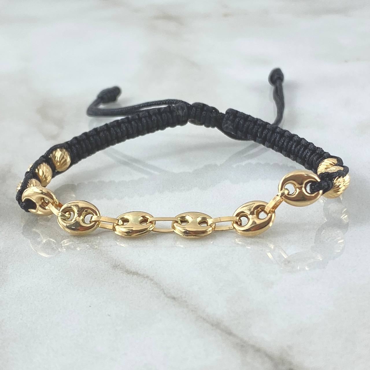 Pulsera Negra Retazo GC Liso 2.2gr / 5mm Bolas Diamantas 6und Oro Amarillo 18K ©