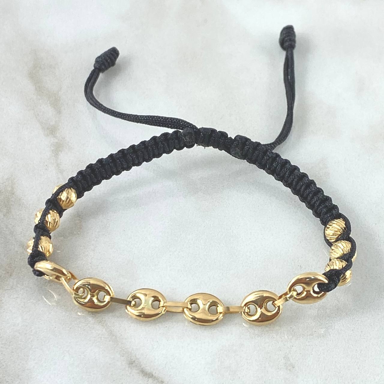Pulsera Negra Retazo GC Liso 2.2gr / 5mm Bolas Diamantas 6und Oro Amarillo 18K ©