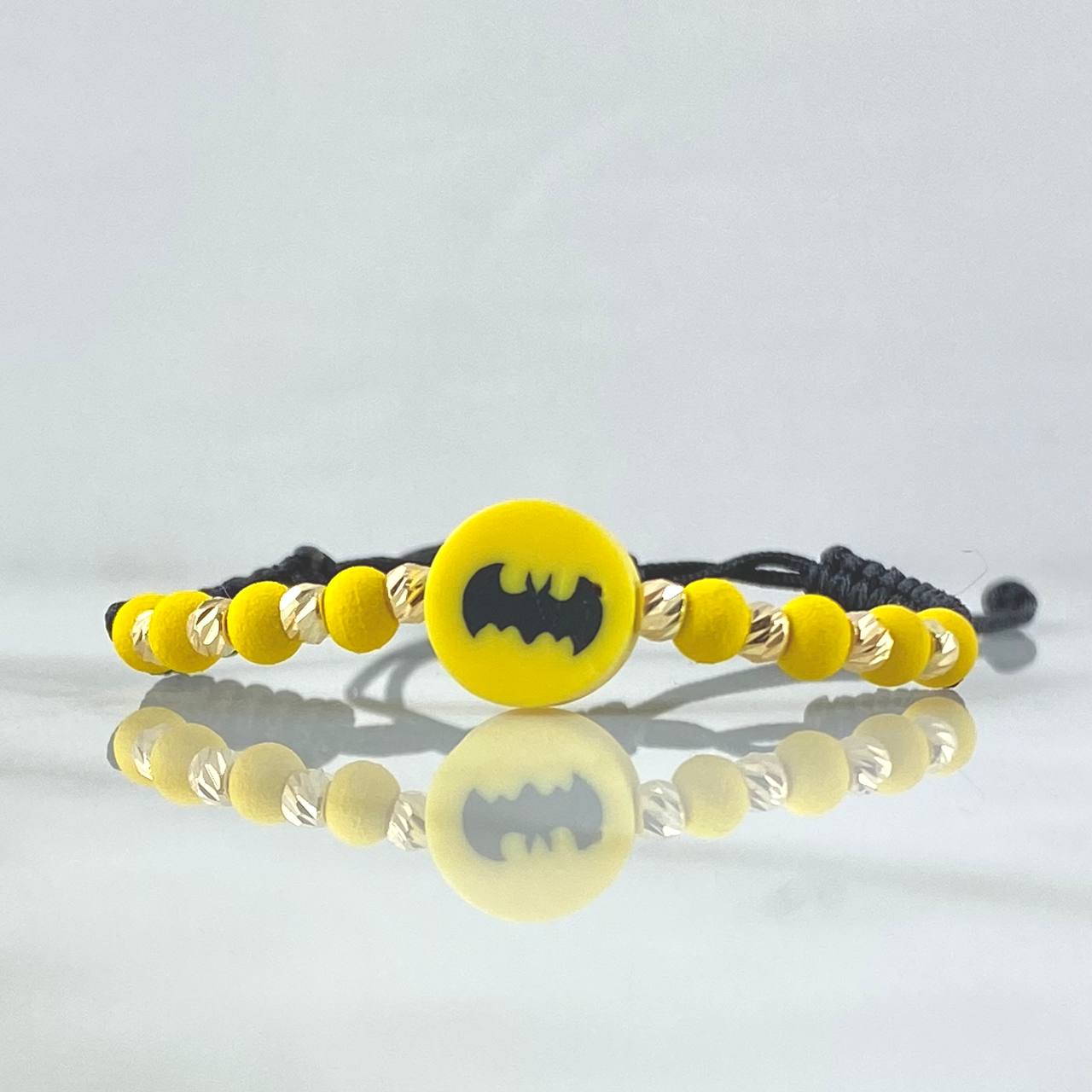 Pulsera Negra Batman 3mm Bolas Diamantadas 8und Oro Amarillo 18K (A.C)