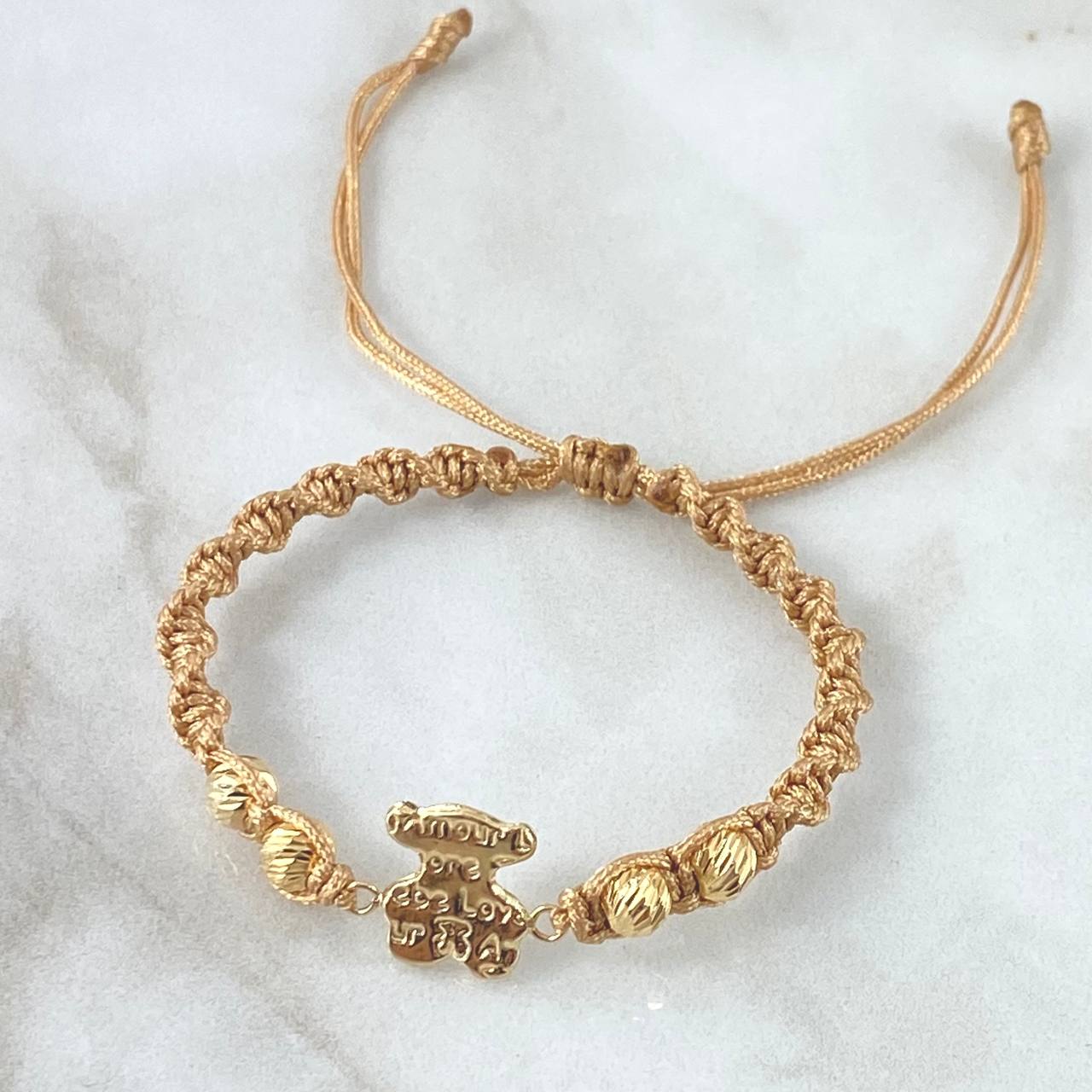 Pulsera Beige Herraje Oso Texturizado 1.15gr / 5mm Bolas Diamantadas 4und Oro Amarillo 18K *