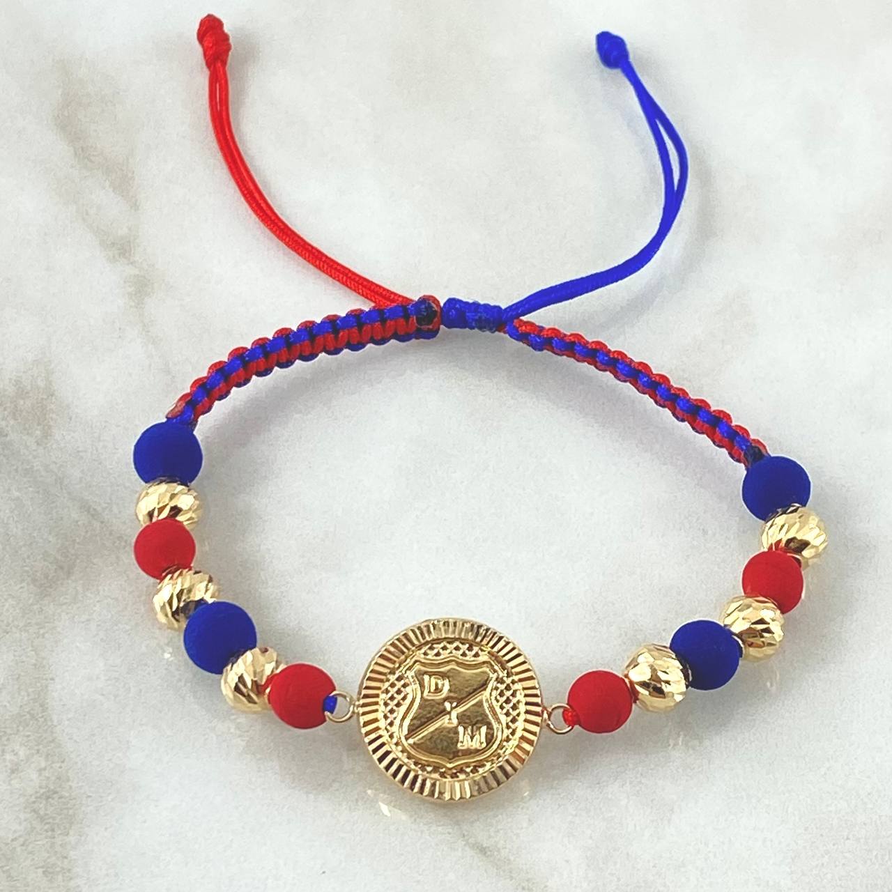 Pulsera Herraje Escudo Medellin 2.5gr / 6mm Bolas Diamantadas 6und Oro Amarillo 18K ©