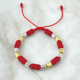 Pulsera Roja Cilindro 3.25gr / 6mm Diamantados 11und Dos Oros Amarillo Blanco 18K ©
