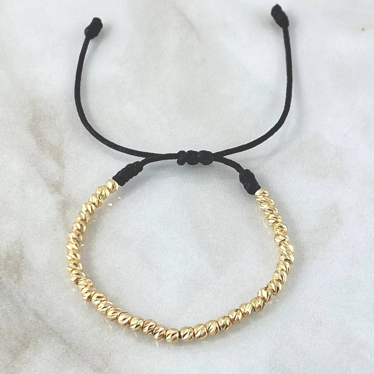 Pulsera Negra Bolas 2.1gr / 3mm Diamantadas 40und Oro Amarillo 18K ©