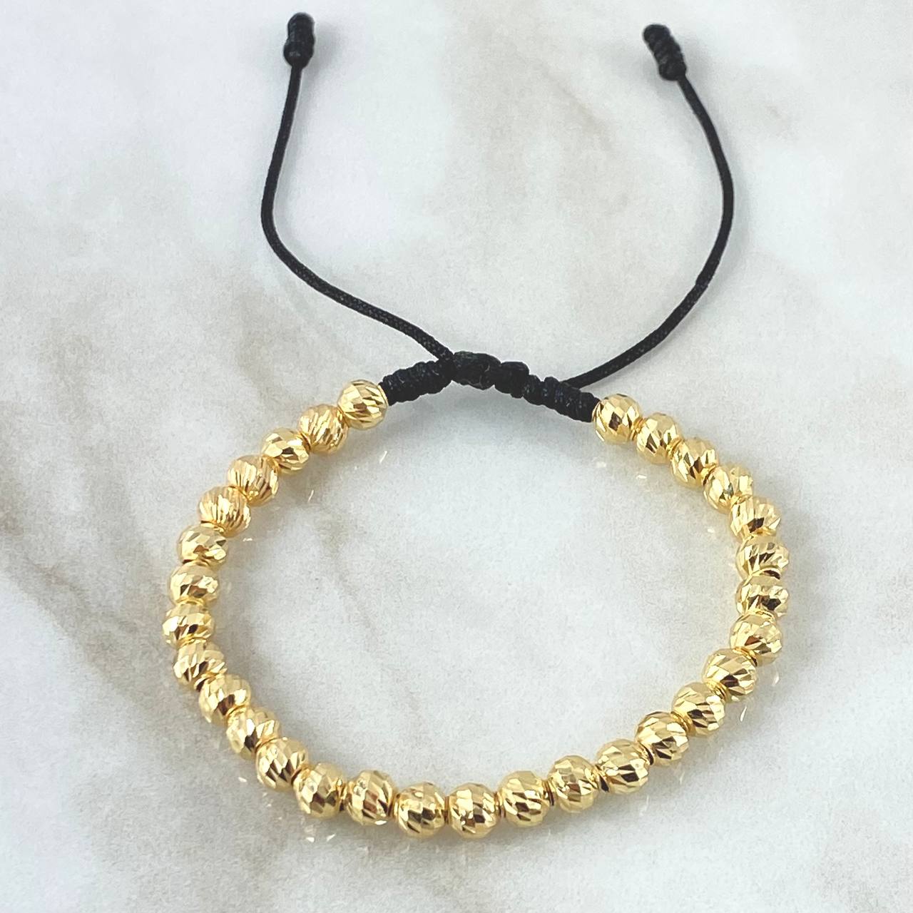 Pulsera Negra Bolas 4.15gr / 5mm Diamantadas 30und Oro Amarillo 18K ©