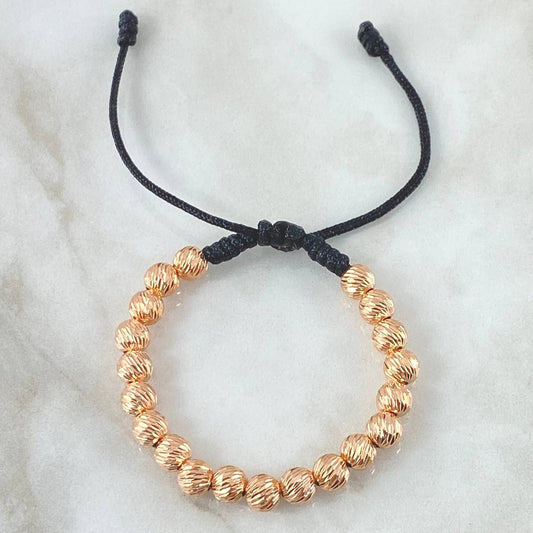Pulsera Negra Bolas 3.45gr / 6mm Diamantadas 20und Oro Rosa 18K (A.C)