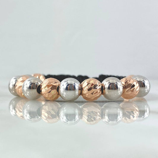 Pulsera Negra Bolas 5gr / 8mm Diamantadas 8und - Lisas 7und Dos Oros Blanco Rosa 18K (A.C)