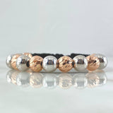 Pulsera Negra Bolas 5gr / 8mm Diamantadas 8und - Lisas 7und Dos Oros Blanco Rosa 18K (A.C)