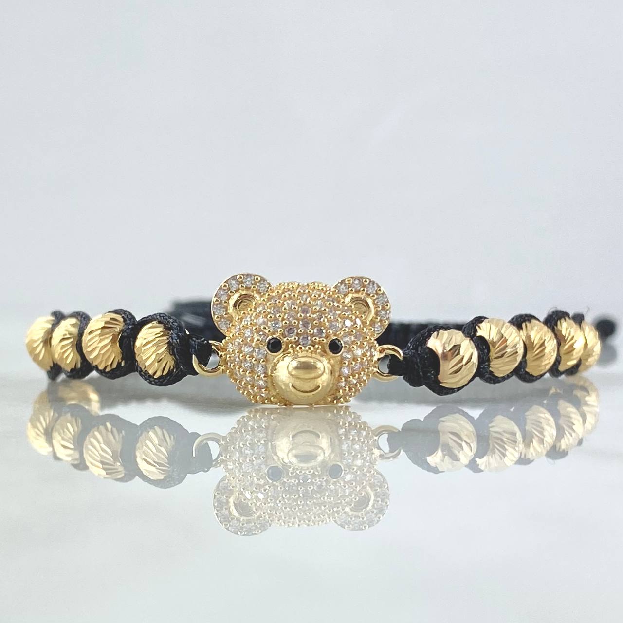 Pulsera Negra Herraje Cara De Oso 3.7gr / 5mm Bolas Diamantadas 12und - Circones Blancos Oro Amarillo 18K ©