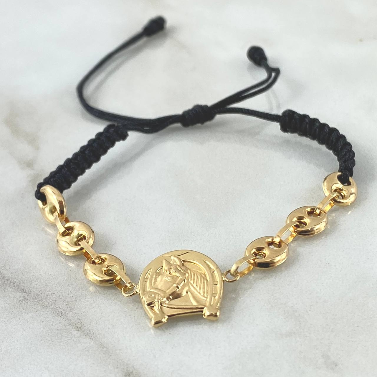 Pulsera Negra Herraje Herradura Caballo 2.35gr / 6mm GC Liso Oro Amarillo 18K ©