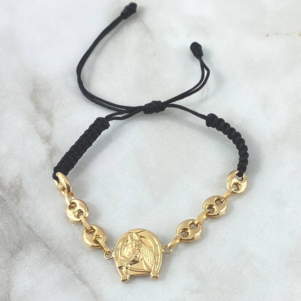 Pulsera Negra Herraje Herradura Caballo 2.35gr / 6mm GC Liso Oro Amarillo 18K ©