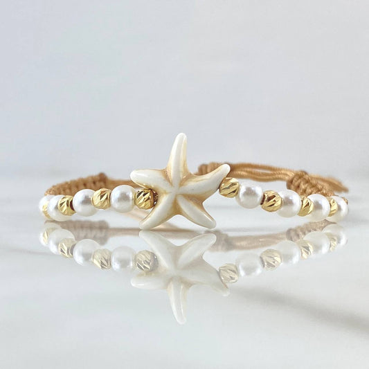 Pulsera Beige Estrella De Mar 0.45gr / 3mm Bolas Diamantadas 8und Oro Amarillo 18K (A.C)