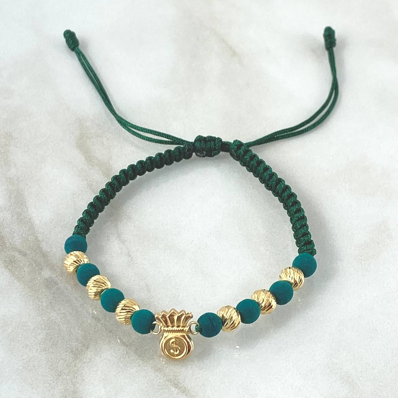 Pulsera Verde Herraje Bolsa De Dinero 1.2gr / 5mm Bolas Diamantadas 6und Oro Amarillo 18K ©