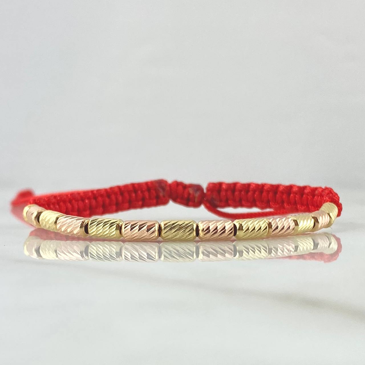 Pulsera Roja Cilindro 1.35gr / 3mm Diamantados 13und Dos Oros Amarillo Rosa 18K *
