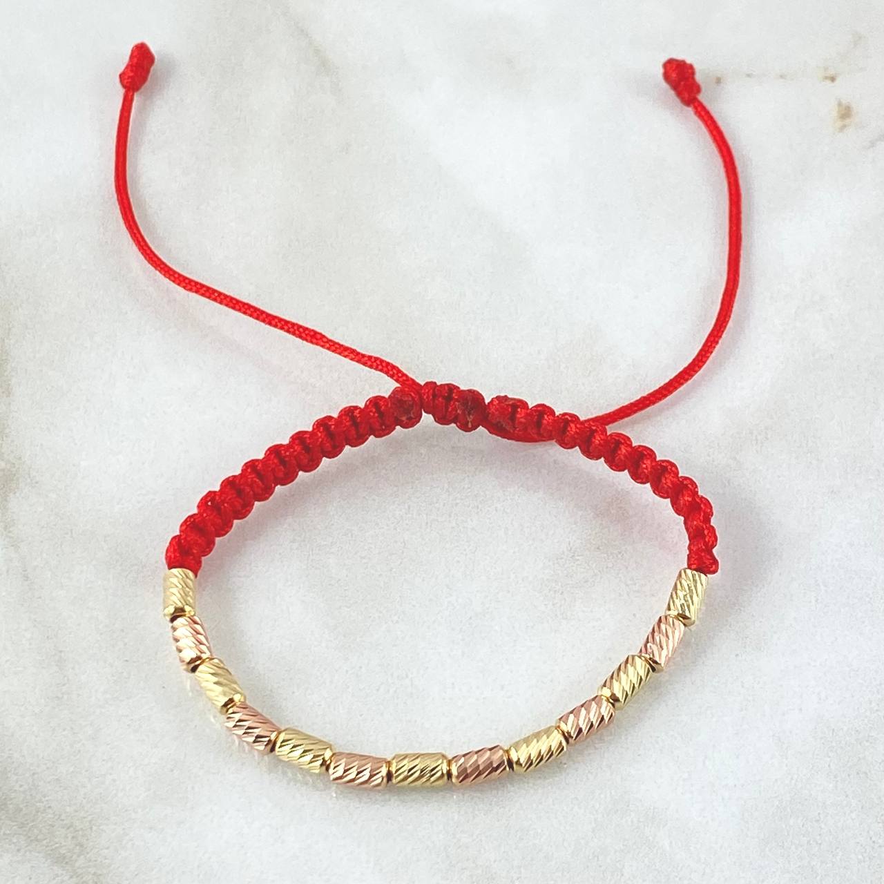 Pulsera Roja Cilindro 1.35gr / 3mm Diamantados 13und Dos Oros Amarillo Rosa 18K *