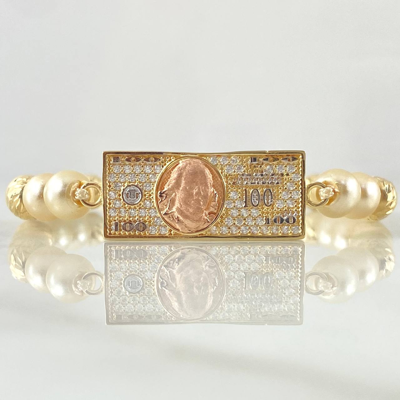 Pulsera Marfil Herraje Dólar 4.2gr / 6mm Bolas Diamantadas 6und Circones Blancos Tres Oros 18K