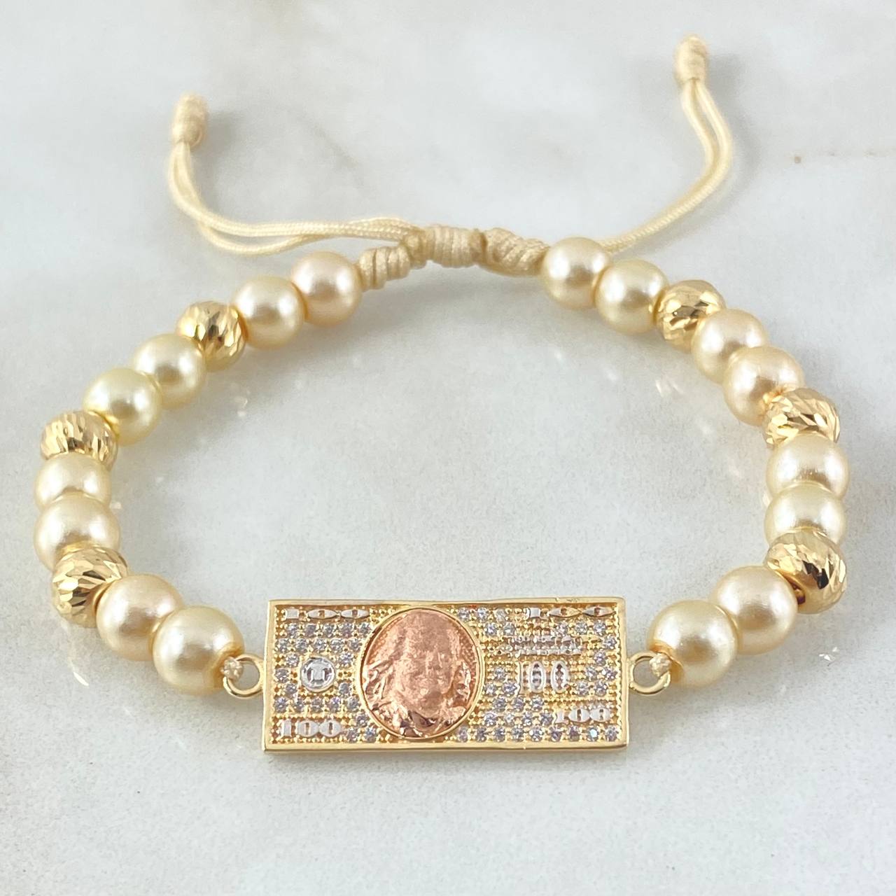 Pulsera Marfil Herraje Dólar 4.2gr / 6mm Bolas Diamantadas 6und Circones Blancos Tres Oros 18K