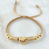 Pulsera Beige Corazon Troquelado 5.1gr / 5mm Bolas Lisas 6und Circones Blancos Oro Amarillo 18K