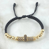 Pulsera Negra Herraje Rueda Cilindro 5.4gr / 5mm Bolas Diamantadas 10und Circones Blancos Negros Oro Amarillo 18K