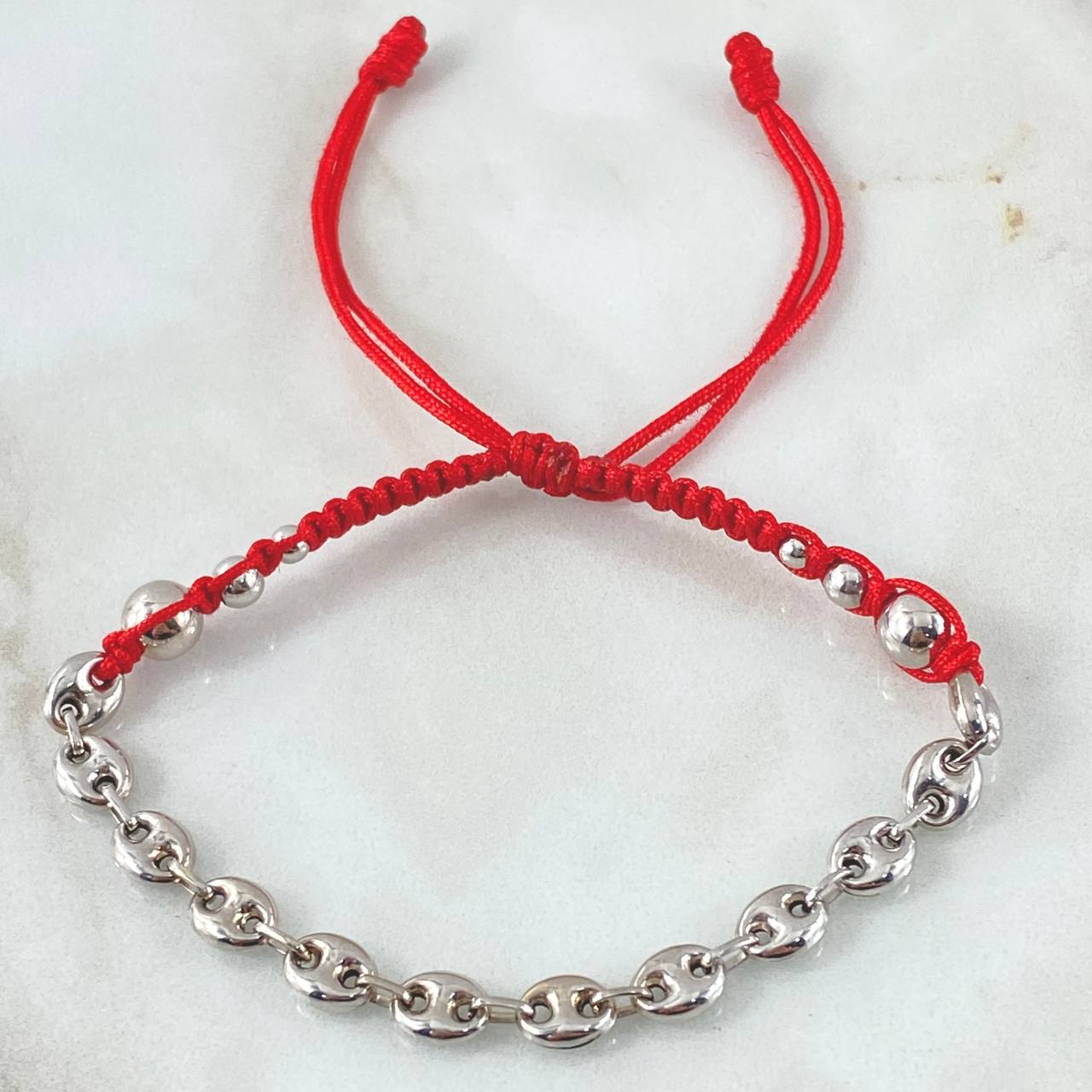 Pulsera Roja Retazo GC 3.05gr / 3mm-4mm-6mm Bolas Lisas 6und Oro Amarillo 18K