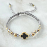 Pulsera Gris Herraje Flor Trebol 2.1gr / 3mm-4mm-5mm Bolas Lisas 12und Oro Amarillo 18K *