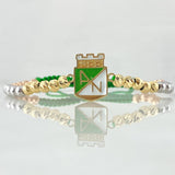 Pulsera Verde Herraje Escudo Nacional 3.8gr / 4mm Bolas Diamantadas 20und Bolas Lisas 10und Tres Oros 18K *