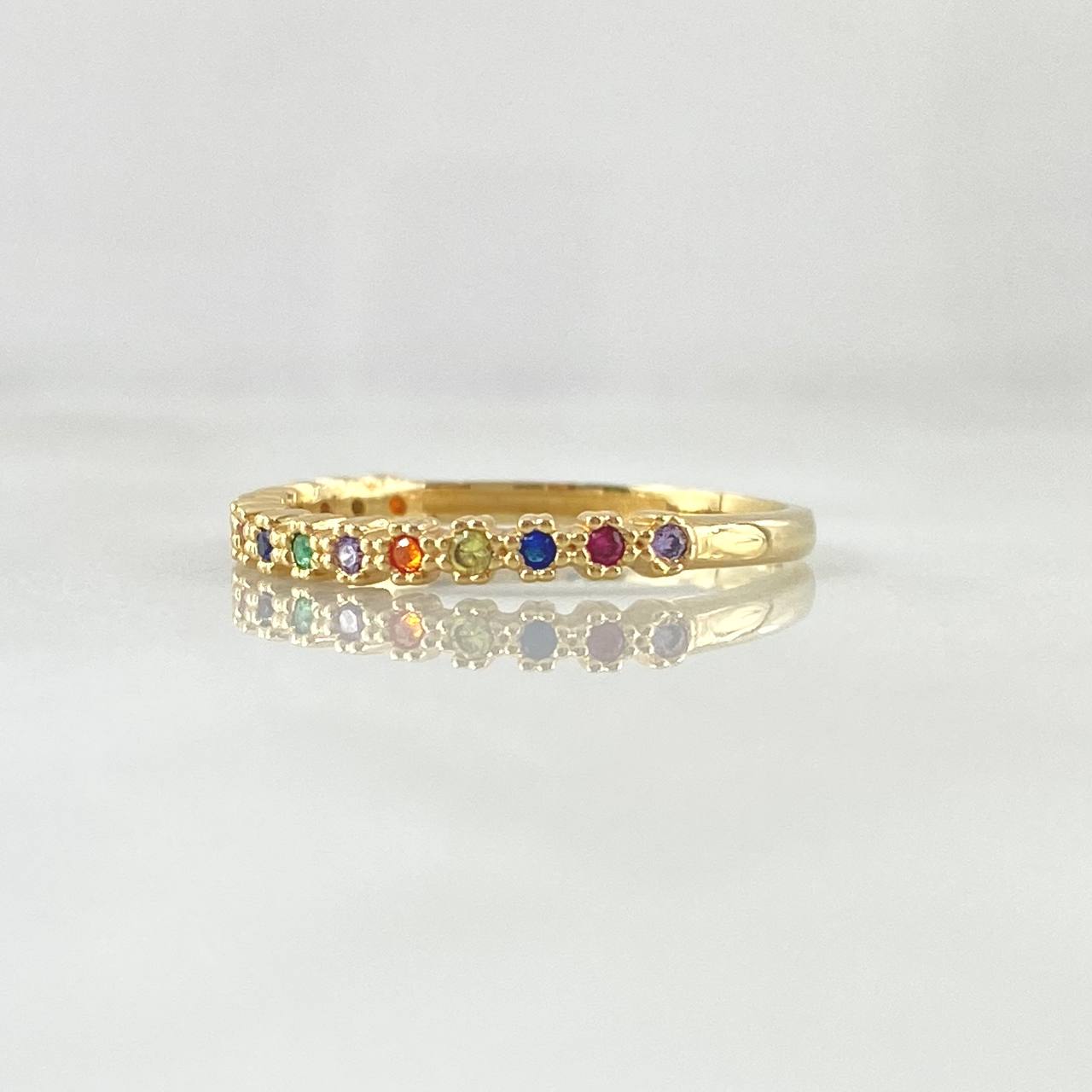 Anillo Ojos Carril Tupido Arcoiris 2gr / T7 1/4 / Circones Multicolor Oro Amarillo 18K *