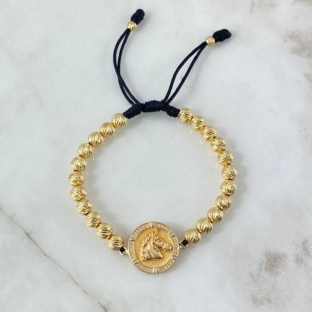 Pulsera Negra Caballo Atornillado 9.5gr / 8mm-4mm Bolas Diamantadas 24 und Circones Blancos Oro Amarillo ©