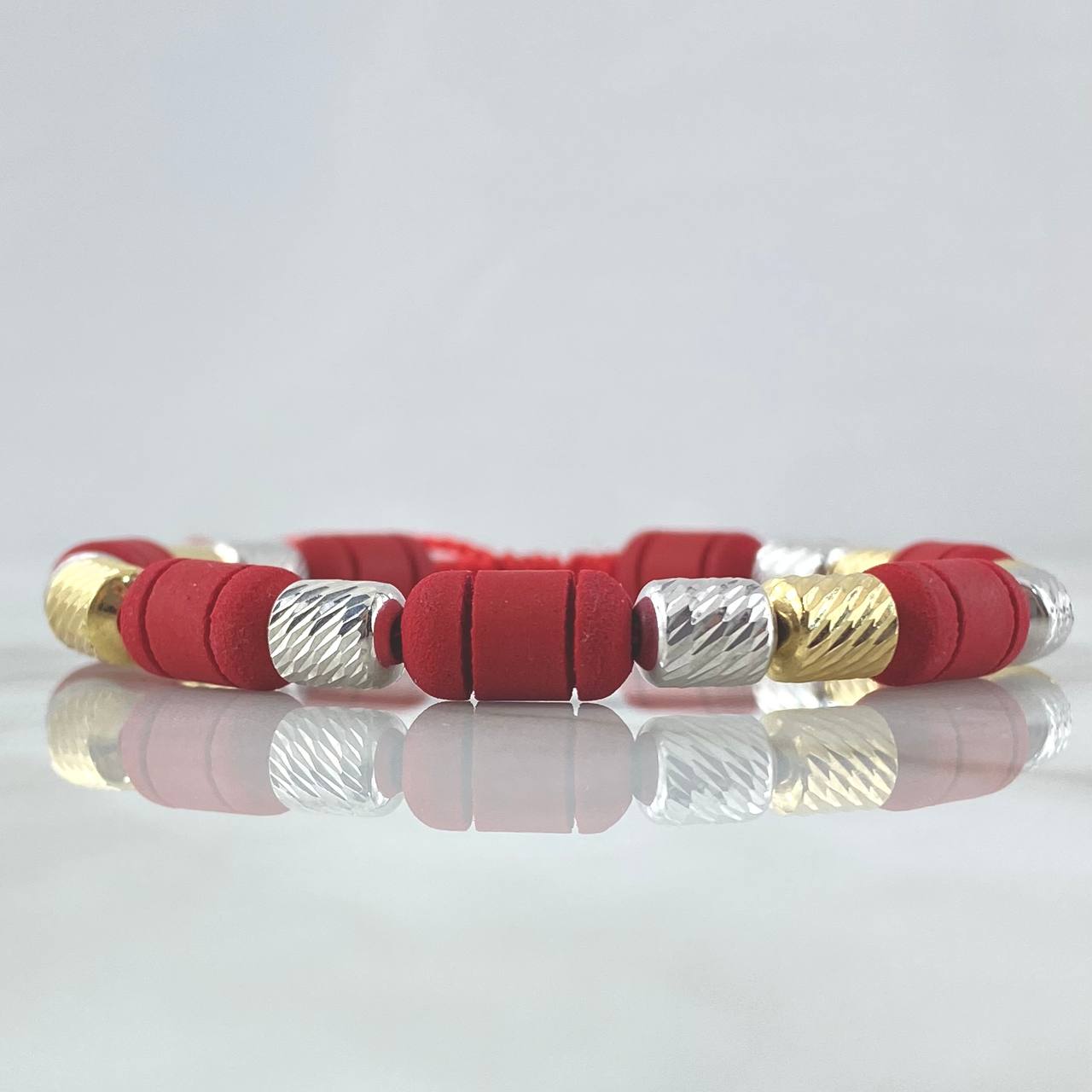 Pulsera Roja Cilindro 3.25gr / 6mm Diamantados 11und Dos Oros Amarillo Blanco 18K ©
