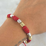Pulsera Roja Cilindro 3.25gr / 6mm Diamantados 11und Dos Oros Amarillo Blanco 18K ©
