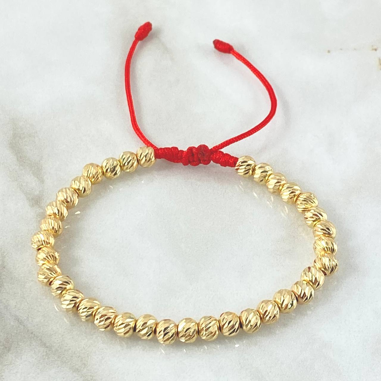 Pulsera Roja Bolas 5gr / 5mm Diamantadas 35und Oro Amarillo 18K ©