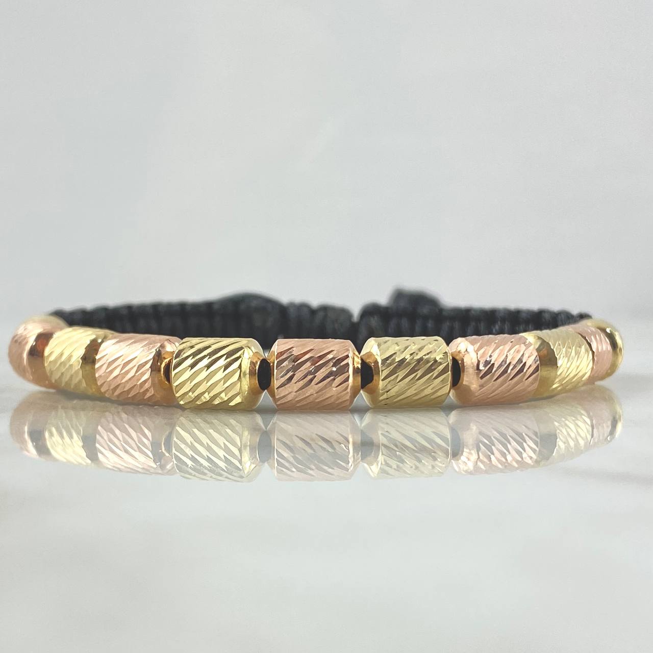 Pulsera Negra Cilindro 3.5gr / 6mm Diamantados 11und Dos Oros Amarillo Rosa 18K *
