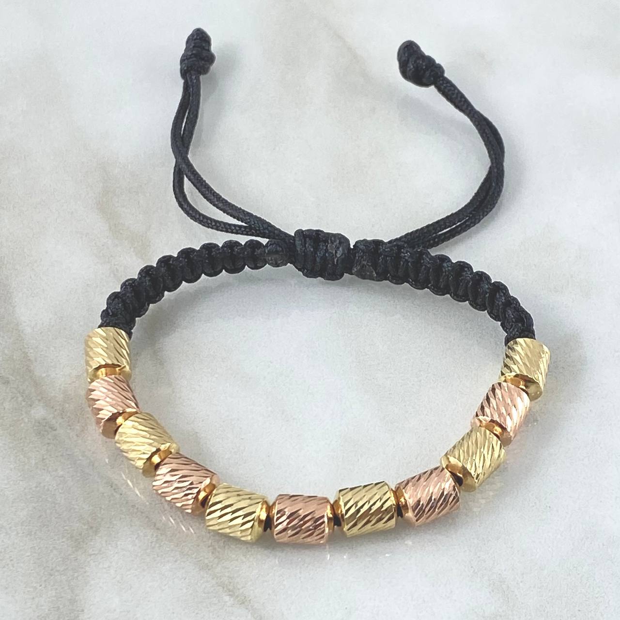 Pulsera Negra Cilindro 3.5gr / 6mm Diamantados 11und Dos Oros Amarillo Rosa 18K *
